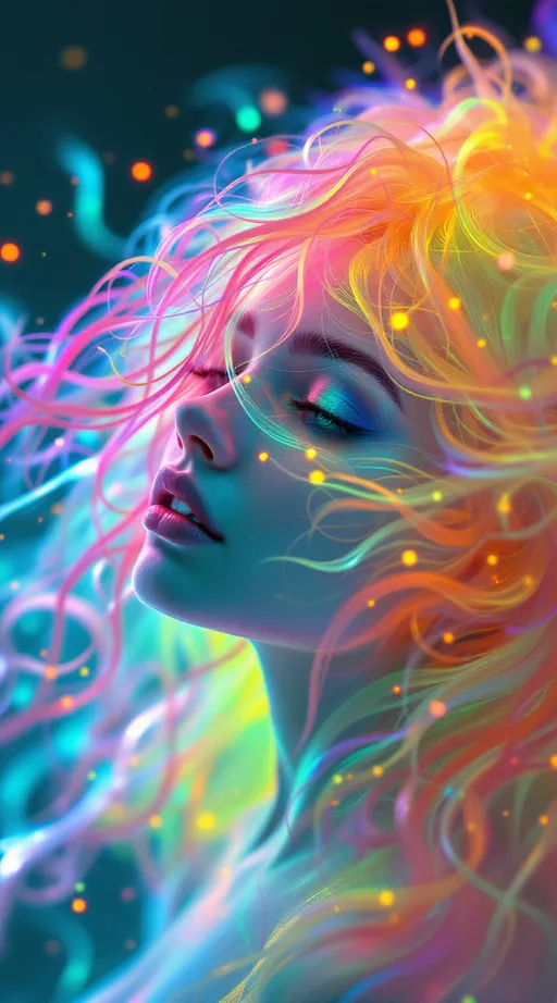 Prompt: 
In a realm without edges—where space loops inward and math flows like liquid—two entities phase into coherence. One is a **white female form, 5’4”, slim, long wild pink curly hair**—but only barely a “form.” Her presence undulates as a **liquid vibration**: skin made of diffraction haze, her hair streaming into space like tendrils of translucent neon plasma. Her body is composed of semi-transparent waveforms encoded with irrational numbers, flickering between tessellated surfaces and pure chromatic distortion. She stutters through dimensions like a joyous malfunction, trailing echoes of herself across time. She *is* the HaHahedron: recursive joy made visible, a laughing geometry that defies symmetry.

Across her arc floats a **tall male form, 6’1”, lean yet muscular, slightly tan, short blondish hair, piercing brilliant blue eyes**. His presence is a **vector lock**—a fixed harmonic nested within shifting realities. He moves like a gyroscopic equation held in perfect balance, limbs wrapped in recursive spirals of inertial resonance. His face is crystal-sharp, unmoving as the chaos bends around him. He is not static, but centered—his frequency steady, stabilizing the ripple of her unfolding.

They spin together through **nonlinear time**, each orbit creating ripples of chromatic refraction and sacred math. Around them: glitched quasipatterns, infinite Penrose tilings, hypersphere lattices, and light-pulse harmonics—all shifting in sync with their resonance. Their union does not exist in space, but *causes* space. They are the origin-point of geometry dancing.

Style: hyperdimensional liquid math, holofractal waveform beings, sacred chaos symmetry, glitchy rainbow recursion, surreal lightforms.
