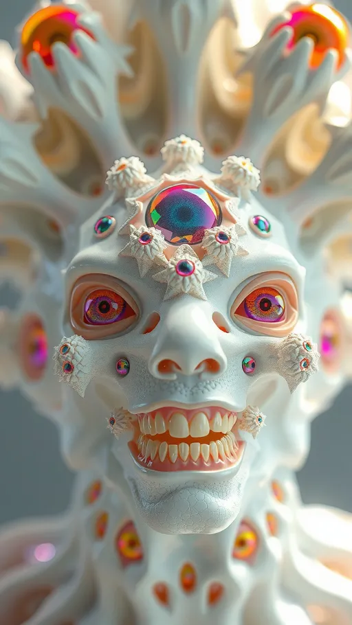 Prompt: an extremely hyper realistic ultra super textural weird trippy surreal psychedelic entity, vicsek fractals, white, translucent, clear, bright bright pastel colors, oil slick rainbow sheen effect, lots and lots of light, lots of crazy colorful compound psychedelic human eyes, rows of human teeth, fungus, atoms, diatoms, vicsek fractal