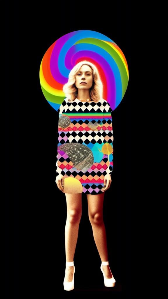 Prompt: A psychedelic collage featuring a photograph of a woman with blond curly long hair. The photo is cut and spliced with other photos and drawings of aliens, UFOs, rainbow spectrums are erupting from places, planets, stars, landscapes, and sparkles set amidst optical illusions of all kinds in geometric shapes giving an otherworldly surreal bizarre ufo alien effect to this psychedelic collage <mymodel>