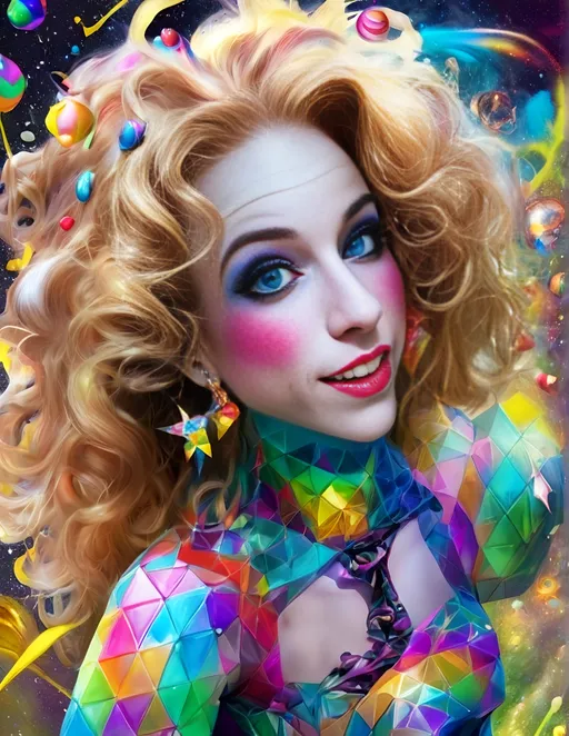 Prompt: Psychedelic hyperrealism of a female cosmic jester, long blond curly hair, vibrant psychedelic jester hat and attire and makeup, hallucinations, psilocybin, merry prankster of multidimensional geometry, tesseracts, hypercubes, trippy, highres, hyperrealism, cosmic, vibrant colors, hallucinatory, detailed makeup and attire, multidimensional, psychedelic