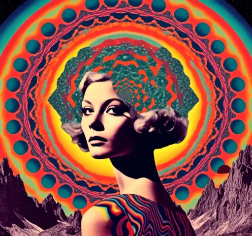 Prompt: <mymodel>Psychedelic trippy collage with a surreal vintage 70s sci-fi feel, vibrant colors, retro futuristic elements, surreal landscapes, detailed psychedelic patterns, high quality, vintage sci-fi, mixed with photograph of a woman with blond curly hair, geometric shape and optical illusions, vibrant colors, surreal, detailed patterns, trippy, collage, 70s, retro futuristic, eyes, surreal landscapes, detailed, atmospheric lighting