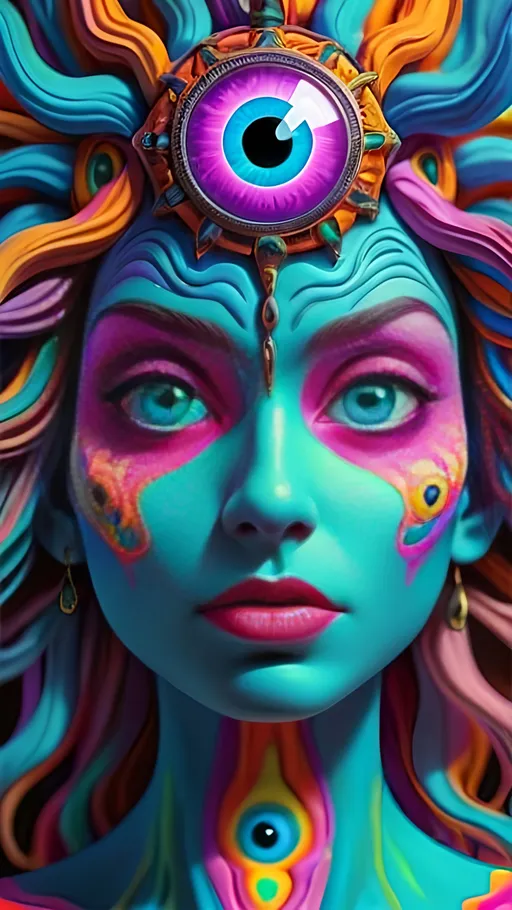 Prompt: <mymodel>Psychonauticore image with hallucinatory visuals, vibrant colors, psychedelic atmosphere, surreal third eye, trippy patterns, mind-bending, detailed psychedelic art, highres, vibrant colors, surreal, detailed trippy visuals, hallucinogenic, mind-bending, third eye, psychedelic atmosphere, colorful, professional, atmospheric lighting