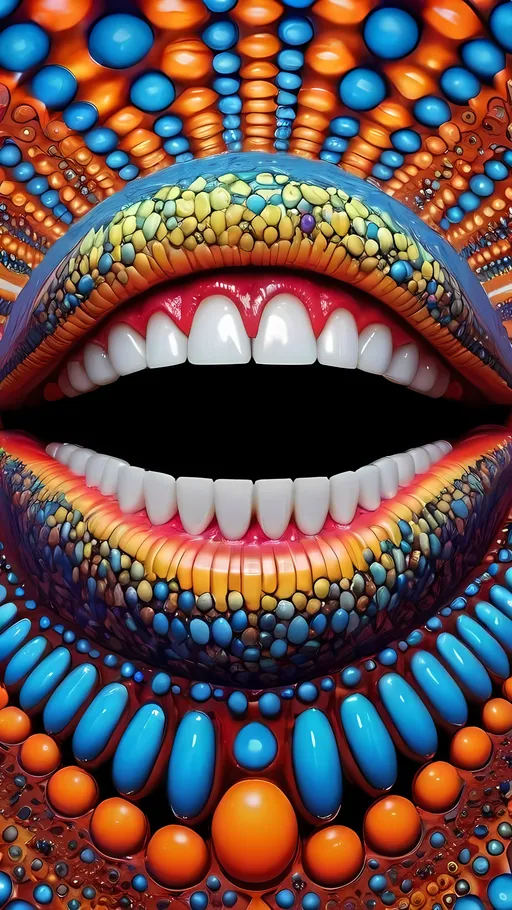 Prompt: Create an extremely hyper-realistic, ultra super textural, weird, trippy, surreal, psychedelic eyes/teeth/mouth pattern/design based on Mandelbrot & “Op Art tiling” with lots of human eyes (crazy colorful compound psychedelic), rows of human teeth, human lips, and tongues. 

- **Colors**: determined by the properties and expressions of the elements (& their isotopes), minerals, and metals: Tourmaline, Rhenium (Re)

**Shapes and forms**
- Mandelbrot 
- "Op Art tiling" 
-other shapes determined by the natural properties and expressions of the elements (& their isotopes), minerals, metals, and biological organisms: tourmaline,  Rhenium (Re),


- **Textures**: Derived from any/all elements (& their isotopes), minerals, metals, crystals, organic things mentioned in this prompt: tourmaline, Rhenium (Re)

**Composition and Layout**:
- a pattern/design based on the Op Art tiling & Mandelbrot 

**Lighting**:
- lots of bright light
- Phosphorescence

**Detail and Atmosphere**:
- Extreme hyperrealistic sharp high detail high definition organic and mineral textures
- Psychedelic, weird, odd, surreal atmosphere
- Frozen in time

**Additional Elements**:
- extra rows of teeth, lips, many eyes, Op Art tiling, Mandelbrot 
