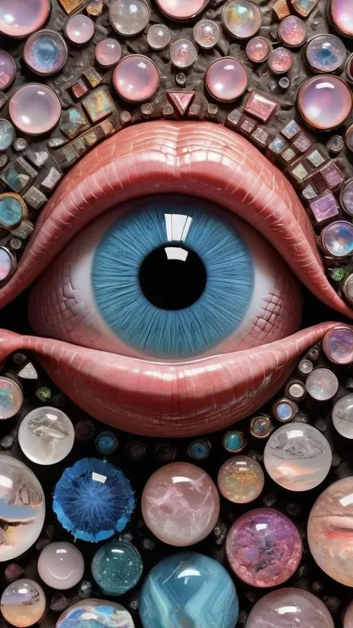 Prompt: Create an extremely hyper-realistic, ultra super textural, weird, trippy, surreal, psychedelic eyes/teeth/mouth pattern/design based on Mandelbrot & “Op Art tiling” with lots of human eyes (crazy colorful compound psychedelic), rows of human teeth, human lips, and tongues. 

- **Colors**: determined by the properties and expressions of the elements (& their isotopes), minerals, and metals: opal, moonstone, Kunzite, selenite, rose quartz, Platinum (Pt)

**Shapes and forms**
- Mandelbrot 
- "Op Art tiling" 
-other shapes determined by the natural properties and expressions of the elements (& their isotopes), minerals, metals, and biological organisms: opal, moonstone, Kunzite, selenite, rose quartz,  Platinum (Pt)


- **Textures**: Derived from any/all elements (& their isotopes), minerals, metals, crystals, organic things mentioned in this prompt: opal, moonstone, Kunzite, selenite, rose quartz, Platinum (Pt)

**Composition and Layout**:
- a pattern/design based on the Op Art tiling & Mandelbrot 

**Lighting**:
- lots of bright light
- Iridescence
- Aventurescence
- Chatoyancy
- Asterism

**Detail and Atmosphere**:
- Extreme hyperrealistic sharp high detail high definition organic and mineral textures
- Psychedelic, weird, odd, surreal atmosphere
- Frozen in time

**Additional Elements**:
- extra rows of teeth, lips, many eyes, Op Art tiling, Mandelbrot, Iridescence
