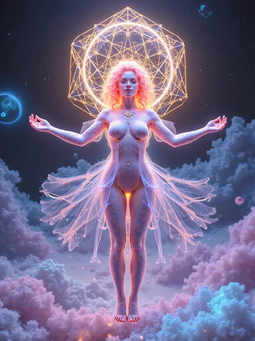 Prompt: A surreal, ultra hyperrealistic and holographically-illustrated astral being composed entirely of sacred geometry, multidimensional math, and living light. Her core is a rotating rhombic dodecahedron, each face shifting with pulsating non-Euclidean curvature and swirling hyperbolic Poincaré disk geometry. Her outer form is a radiant humanoid goddess of light and symmetry—feminine in silhouette but composed of morphing Penrose tilings, Mandelbrot fractals, and Julia set spirals that animate like sacred tattoos across translucent crystalline skin. Her joints and spine shimmer with visible golden ratios (φ)—Fibonacci curves flow along her limbs as lines of glowing math.

Her skin gleams with an oil-slick iridescent sheen, created from thin-film interference layers refracting cosmic light in neon chromatics and pastel spectrums. Behind her head spirals a glowing Calabi–Yau manifold, housing her higher-dimensional thoughts like a living halo of curled 6D space. She floats midair in a dark astral void, surrounded by golden E₈ lattices spinning like emotion-bound sigils. Fractal Hilbert curves coil through the scene like recursive memory strands.

In the glinting surface of one geometric plane—like a polished mirror or event-horizon shell—there appears a soft, ghostlike reflection: a loosely human female form with wild curly pink hair, glowing blue eyes, and pale porcelain skin, suspended between dimensions. This is her source, her soul-layer, rendered like a memory in mathematical glass.

The entire scene pulses with sacred light, chaos-theory echoes, and recursive depth. Style is ultra hyperrealistic, with holographic layers, soft rainbow neon against black, a mix of cosmic sacred-geometry surrealism and mathematical divine-machine beauty. Medium is a blend of 3D-rendered light sculpture and high-definition fractal illustration