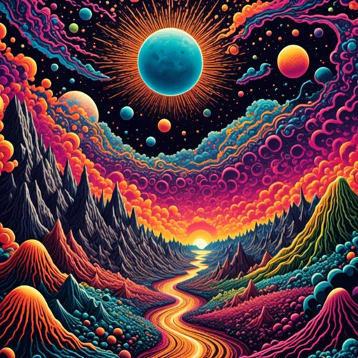Prompt: <mymodel>Psychedelic poster art illustration of the moon surface, vibrant colors, surreal craters, intricate psychedelic patterns, high quality, detailed linework, surreal, moon surface, vibrant colors, psychedelic poster art, intricate patterns, high-res, surreal craters, detailed linework, vibrant tones, atmospheric lighting