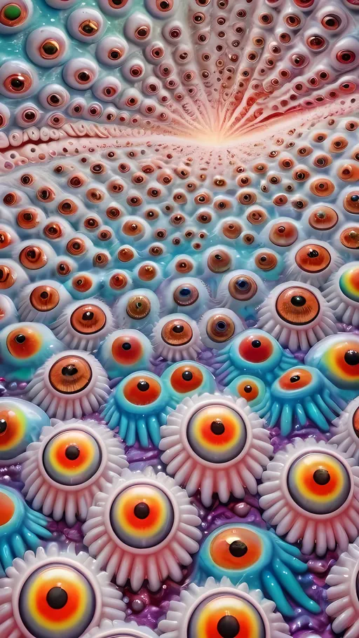 Prompt: an extremely hyper realistic ultra super textural weird trippy surreal psychedelic entity, Cardioid Shapes, white, translucent, clear, bright bright pastel colors, oil slick rainbow sheen effect, lots and lots of light, lots of crazy colorful compound psychedelic human eyes, rows of human teeth, fungus, atoms, diatoms, Cardioid Shapes