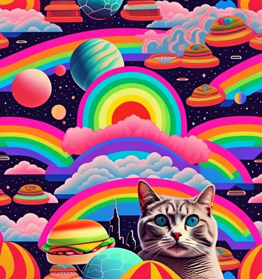 Prompt: a psychedelic collage with a vintage 70s sci animation feel to it except the theme is 90s internet memes. It is to be a collage of photographs and illustrations, outer space, planets, landscapes, optical illusion patterns, geometric shapes, eyes, hands, body parts, with rainbows, 404 error warnings, hamsters, cats, hot dogs, hamburgers, llamas, pickles, candy, chips, pixels, orbs, 90s style iconography spliced together with a vintage 70s psychedelic collage effect<mymodel>