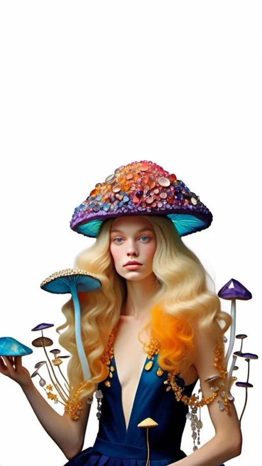 Prompt: <mymodel>Woman with long blond curly hair and mushrooms made of precious gemstones, fungal clothes encrusted with sparkling crystals, high-quality, magical realism, vibrant colors, detailed facial features, natural lighting