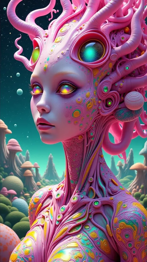 Prompt: **Prompt:**  
"A surreal retro-psychedelic collage featuring a pink alien humanoid with a sleek, elongated head that tapers elegantly at the top, her skin glowing with a bioluminescent shimmer. Her voluminous, curly neon-pink hair cascades like candy floss, framing her exaggerated, oversized pouty lips, which are plush, glossy, and irresistibly kissable, glowing faintly as if charged with cosmic energy. Her large, almond-shaped eyes dominate her face, their irises shifting like liquid opals between lavender, cerulean, and gold, with pearlescent white sclera adding an ethereal intensity to her gaze. Delicate, glowing markings in the shape of constellations trace her temples, hinting at her celestial origins. She wears a holographic pink latex space suit that clings to her form and radiates iridescent hues, reflecting the swirling starlight around her.  

The background is a chaotic, surreal expanse of space, blending vibrant, swirling galaxies in magenta, turquoise, and orange with retro 1960s-style patterns, like checkerboards, spirals, and melting shapes. Planets with glittering rings float alongside distorted, vintage sci-fi spaceships, while glowing nebulae twist into optical illusions. The entire scene feels like a trippy, cosmic fever dream, with textures and colors bleeding together in a kaleidoscopic haze. The composition has an agog finish, with every detail exaggerated and vibrating with energy, as though the universe itself is alive and pulsing in sync with her presence. This alien goddess is both glamorous and surreal, a living embodiment of cosmic psychedelia."  

retro analog style finish 