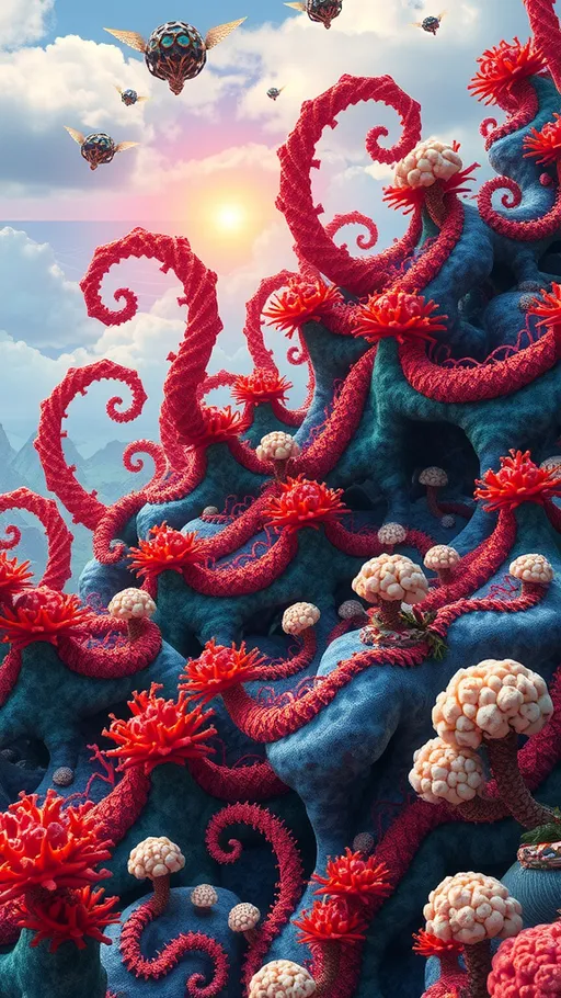 Prompt: An extremely super hyperrealistic weird trippy surreal scene. Envision a design or pattern where a tapestry of coral patterns, their intricate, branching structures weaving through the terrain like a living mosaic. These patterns are interspersed with the swirling, dragon-like shapes of the Dragon Curve, adding a sense of dynamic movement and chaos.

Towering structures resembling the lattice-like form of Clathrus ruber rise from the ground, their bright red, cage-like forms casting intricate shadows. Nearby, the curly, cauliflower-like masses of Sparassis crispa add a touch of organic complexity, their frilly lobes catching the light in unexpected ways.

The sky is a kaleidoscope of colors, with the iridescent flashes of labradorescence from Labradorite and the deep azure hues of Azurite blending seamlessly. Bismuth formations with their geometric, metallic sheen create a surreal horizon, while the opalescent play-of-color from Opal shimmers in the air, casting spectral hues across the scene.

Microscopic patterns of Actinomma radiolarians and Ammonia tepida foraminifera float through the air, their spherical forms and spiral shells adding delicate, intricate details to this dreamlike environment. Malachite's vibrant green bands weave through the landscape, creating a striking contrast against the otherworldly backdrop.

This surreal landscape is a harmonious blend of natural and mathematical beauty, a psychedelic tapestry of colors, textures, and forms that invites the viewer to explore its infinite complexities.