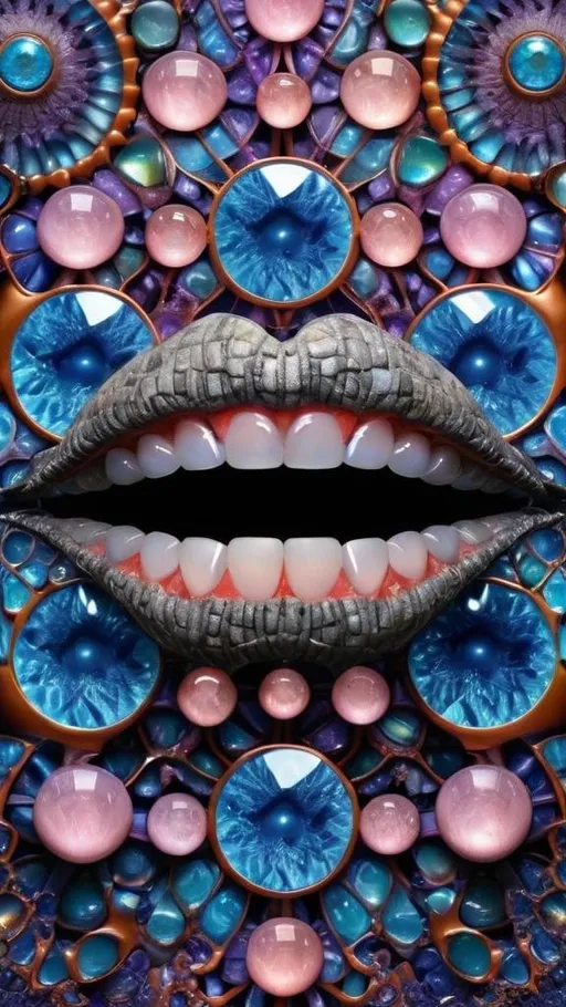 Prompt: Create an extremely hyper-realistic, ultra super textural, weird, trippy, surreal, psychedelic eyes/teeth/mouth pattern/design based on Mandelbrot & “Op Art tiling” with lots of human eyes (crazy colorful compound psychedelic), rows of human teeth, human lips, and tongues. 

- **Colors**: determined by the properties and expressions of the elements (& their isotopes), minerals, and metals: opal, moonstone, amethyst, rose quartz, Platinum (Pt)

**Shapes and forms**
- Mandelbrot 
- "Op Art tiling" 
-other shapes determined by the natural properties and expressions of the elements (& their isotopes), minerals, metals, and biological organisms: opal, moonstone, amethyst, rose quartz,  Platinum (Pt)


- **Textures**: Derived from any/all elements (& their isotopes), minerals, metals, crystals, organic things mentioned in this prompt: opal, moonstone, amethyst, rose quartz, Platinum (Pt)

**Composition and Layout**:
- a pattern/design based on the Op Art tiling & Mandelbrot 

**Lighting**:
- lots of bright light
- Phosphorescence

**Detail and Atmosphere**:
- Extreme hyperrealistic sharp high detail high definition organic and mineral textures
- Psychedelic, weird, odd, surreal atmosphere
- Frozen in time

**Additional Elements**:
- extra rows of teeth, lips, many eyes, Op Art tiling, Mandelbrot 
