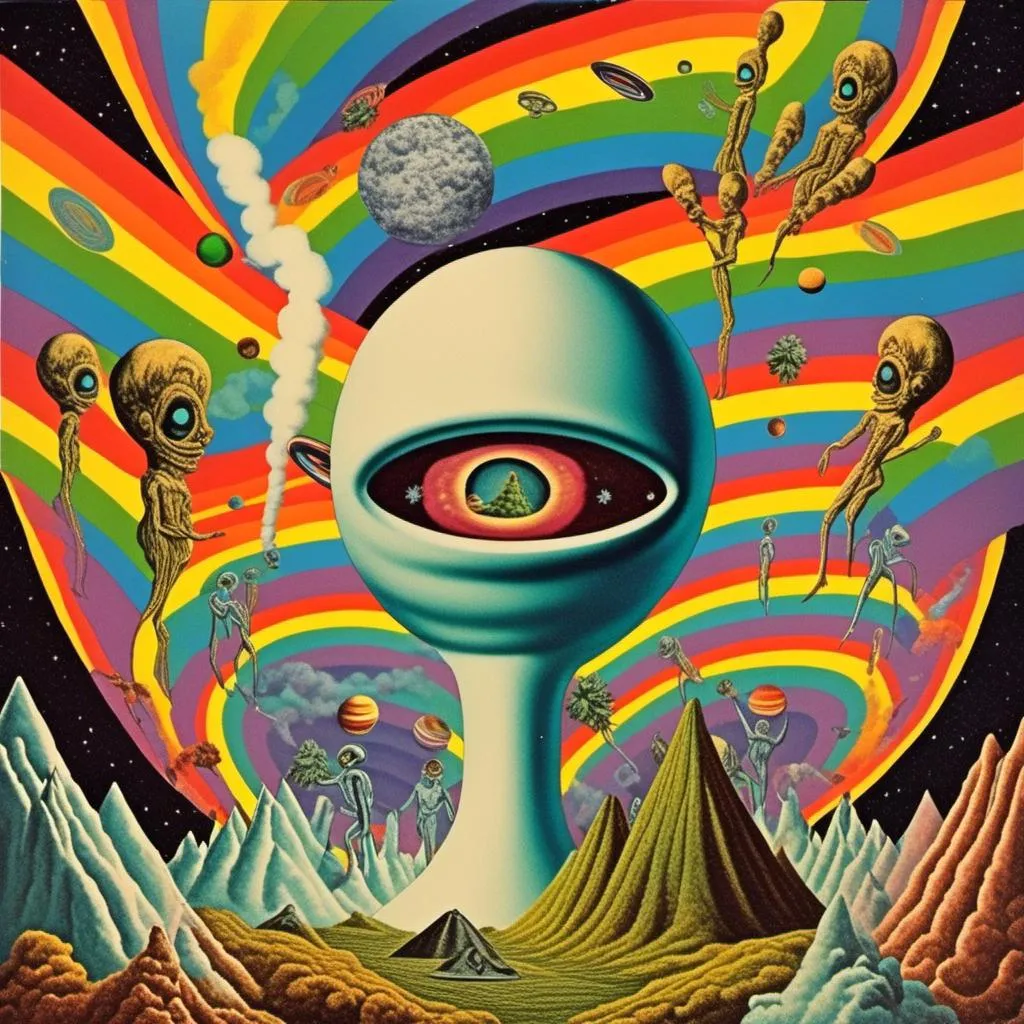 Prompt: A surreal vintage 70s psychedelic sci-fi collage involving- aliens, UFOs, cannabis, marijuana, aliens smoking reefer, aliens smoking weed out of a bong, spliced in with alien surreal landscapes, geometric shapes, optical illusions or trippy psychedelic patterns, planets and starts, rainbow spectrums<mymodel>