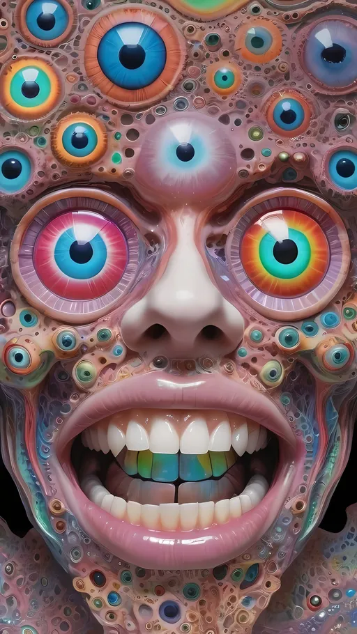 Prompt: an extremely hyper realistic ultra super textural weird trippy surreal psychedelic entity, Peano Curve, apollonian gaskets, catenoids, white, translucent, clear, bright bright feminine pastel colors, oil slick rainbow sheen effect, lots and lots of light, lots of crazy colorful compound psychedelic human eyes, rows of human teeth, fungus, atoms, diatoms, enneper sufaces, apollonian gaskets, Peano Curve