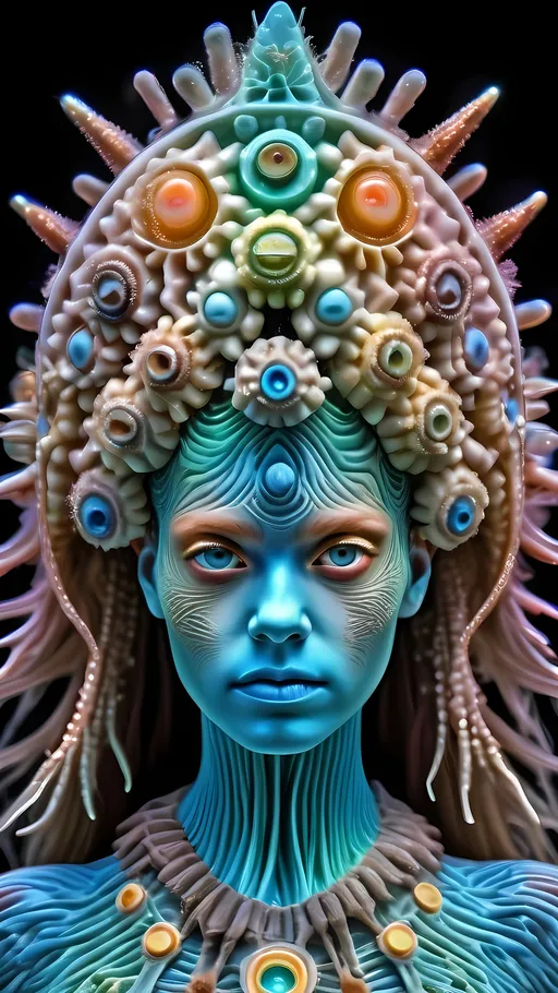 Prompt: Extremely hyperrealistic ultra textural trippy surreal beautiful but odd unsettling psychedelic creature- a psychedelic diatomaceous creature entity queen crown jewelry cape with lots of crazy psychedelic human compound eyes, rows upon rows of human teeth.  head, face, body, limbs, fungus, Mandelbrot, oil slick rainbow sheen effect, holographic, hologram, translucent, vivid colors white, tons and tons of light, bright pastel colors, Gyroid Structures. Diatoms: bacillariophyta, siliceous, valves, girdle bands, raphe, striae, puncta, areolae, costae, rimoportula, fultoportula, chloroplasts, auxospore, epitheca, hypotheca, mucilage, frustule symmetry, valve morphology, pennate diatoms, centric diatoms, motile, non-motile, biofilm, epiphytic, epilithic, epipsammic, biogenic silica, diatomaceous earth, primary producers, carbon fixation, biogeochemical cycles, diatom blooms, paleoecology, nanostructures, microalgae, environmental indicators, aquatic ecosystems. geometric, symmetrical, radial, bilateral, elongated, circular, triangular, oval, star-shaped, pennate, centric, intricate, lattice-like, perforated, silica, frustules, ornate, microscopic, diverse, varied, delicate, transparent, golden-brown, pillbox-shaped, chain-forming, solitary, colonial, planktonic, benthic,