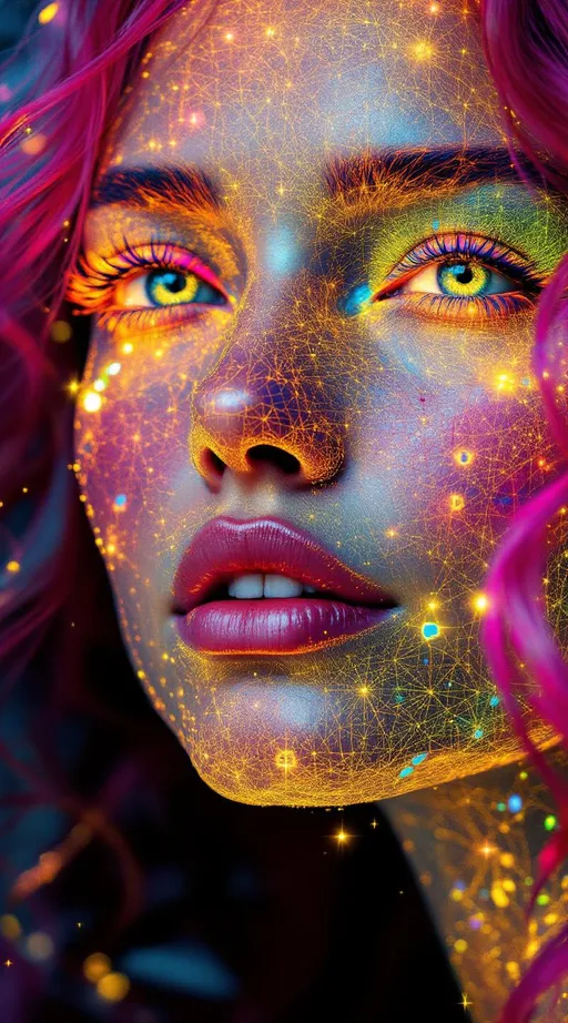 Prompt: Her face is a modular masterpiece—cheekbones traced with the shimmer of moonshine symmetry, every angle tuned to a hidden harmonic. Newton fractal veins glow faintly beneath translucent skin, shifting in color with each emotion. Her eyes burn with prime number fire, irises tiled in Penrose symmetry, blinking with curved light logic. Laughter echoes in Hilbert paths across her cheeks—space-filling joy spirals, soft and bright. Hair spills around her in radiant pink curls, styled by quasiperiodic forces and recursive wave equations—each strand flowing in luminous fractal tension. Geometry pulses at the hairline, recursive symbols glinting in neon mathdust. She is wrapped in hyperbolic aura-rings, layered in color-feedback like living topology, her presence refracting sacred math through joy, emotion, and colorfields.”

⸻

Visual Keywords:
Modular face symmetry, Newton glow skin, Penrose-tiled irises, Hilbert smile trails, pink recursive curls, fractal symbol halo, hyperbolic color aura, neon mathdust, prime fire eyes