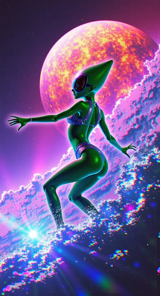 Prompt: Create an image that is both hyperrealistic and also illustrative and creative of a female alien with green skin, a conical shaped bald head, and large solid black almond shaped eyes, wearing a retro futuristic holographic and metallic swim outfit. She is surfing on gravity waves that radiate from a pulsar, her pose dynamic and full of energy. The pulsar is depicted as a brilliant, rotating star, emitting intense beams of light and energy. Its surface is a swirling mass of vibrant colors, including electric blues, fiery oranges, and deep purples, with digital noise adding a textured appearance. The beams from the pulsar create a strobe effect, casting glitchy shadows and reflections across the scene. The gravity waves ripple outward, distorting the space around them with pixelated edges and fragmented patterns, enhancing the overall glitchy aesthetic.