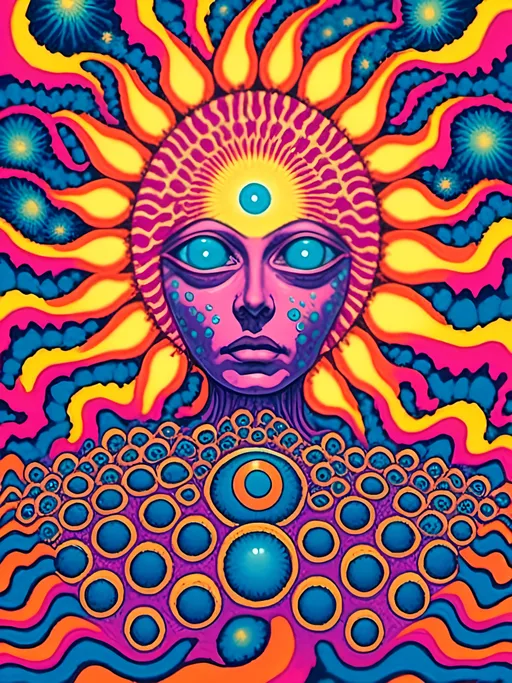 Prompt: <mymodel>Astral entity with open third eye, psychedelic poster art, astral planes, vibrant and surreal colors, highly detailed, surreal, psychedelic, open third eye, astral entity, vibrant color palette, surreal lighting