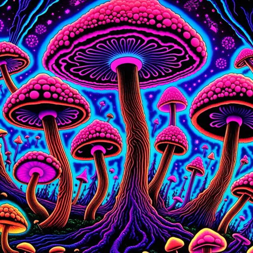 Prompt: <mymodel>Psychedelic psilocybin's cubensis mushrooms, 70s black light poster, vibrant colors, hallucinatory fractals, trippy atmosphere, intense psychedelic experience, glowing mushrooms, surreal, vibrant, high quality, detailed illustration, black light style, psychedelic, hallucinations, colorful, fractals, vibrant colors, intense lighting