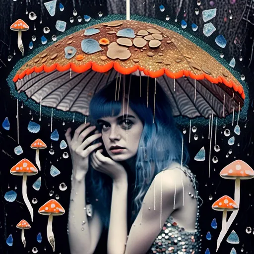 Prompt: <mymodel>Mixed media collage of a fungus fairy girl in the rain, mushroom umbrella, black and white and color photography, paint, glitter, sequins, metal, magazines, glass, unique textures, ethereal atmosphere, high quality, whimsical, surreal, fairy, mushroom umbrella, mixed media, collage, fungus girl, rain, unique textures, ethereal, surreal, magical, detailed wings, sparkling details