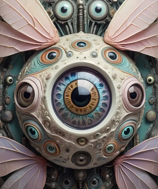 Prompt: A surreal extremely hyper realistic super textural psychedelic geometric eyeball creature with insect wings, pastel light colors,  lots of crazy trippy psychedelic human eyes, human teeth, organic and mechanical, multidimensional, weird surreal unsettling odd