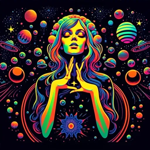 Prompt: <mymodel>Vintage 70s black light poster art illustration, girl hallucinating in space, psychedelic mushrooms, planets, moons, stars, fractals, vibrant colors, intense black light effects, detailed psychedelic girl, cosmic atmosphere, high quality, psychedelic, vintage, space, vibrant colors, fractal details, hallucination, girl illustration, retro art style, cosmic lighting