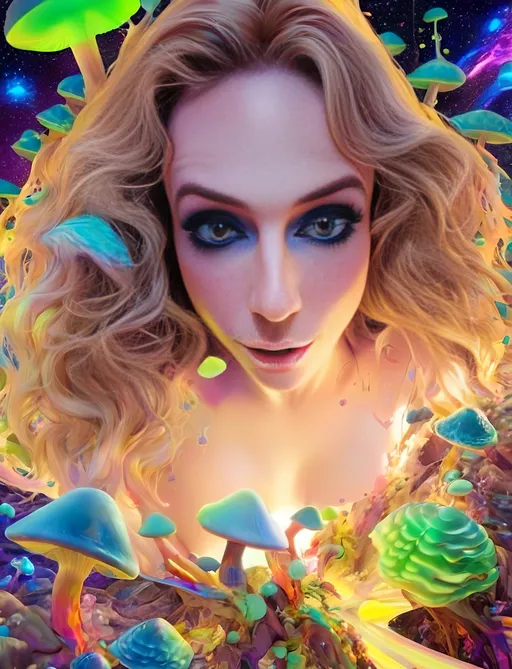 Prompt: Blonde girl with long, curly hair, psychedelic mushroom wonderland, psilocybin, DMT, trippy hallucinations, fractals, multidimensional geometry, auras, vibrant and surreal, high quality, surreal art, colorful, vibrant lighting, holograms, grid lines of the universe, underlying geometric structure of reality