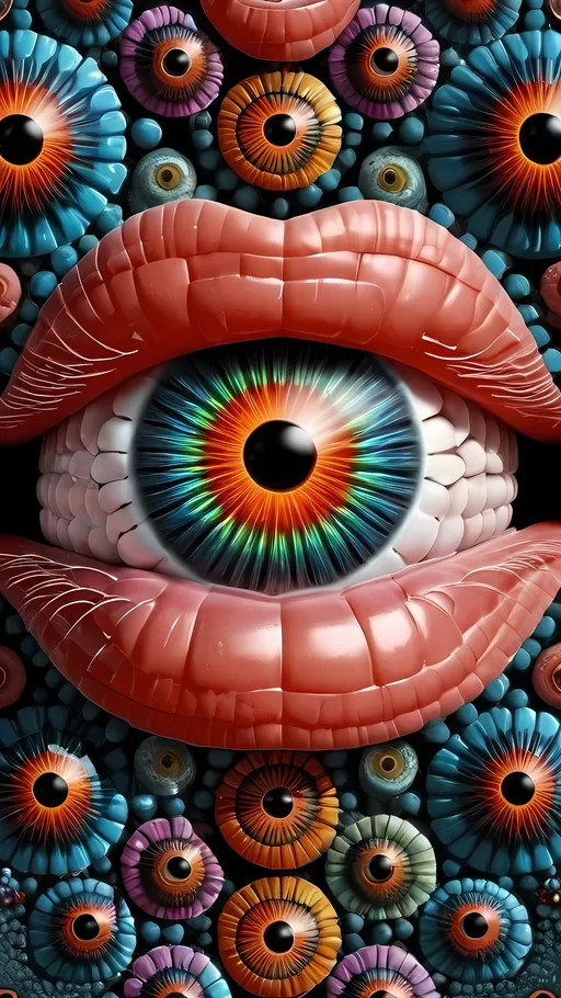 Prompt: Create an extremely hyper-realistic, ultra super textural, weird, trippy, surreal, psychedelic eyes/teeth/mouth pattern/design based on Mandelbrot & “Op Art tiling” with lots of human eyes (crazy colorful compound psychedelic), rows of human teeth, human lips, and tongues. 

- **Colors**: determined by the properties and expressions of the elements (& their isotopes), minerals, and metals: Tourmaline, Rhenium (Re)

**Shapes and forms**
- Mandelbrot 
- "Op Art tiling" 
-other shapes determined by the natural properties and expressions of the elements (& their isotopes), minerals, metals, and biological organisms: tourmaline,  Rhenium (Re),


- **Textures**: Derived from any/all elements (& their isotopes), minerals, metals, crystals, organic things mentioned in this prompt: tourmaline, Rhenium (Re)

**Composition and Layout**:
- a pattern/design based on the Op Art tiling & Mandelbrot 

**Lighting**:
- lots of bright light
- Phosphorescence

**Detail and Atmosphere**:
- Extreme hyperrealistic sharp high detail high definition organic and mineral textures
- Psychedelic, weird, odd, surreal atmosphere
- Frozen in time

**Additional Elements**:
- extra rows of teeth, lips, many eyes, Op Art tiling, Mandelbrot 
