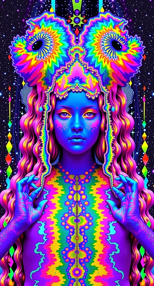 Prompt: Create a super hyperrealistic, finely detailed psychedelic Nouveau illustration of a Cosmic Jester. Feature the word MERRYPRANXTERworked organically into the background somehow.  This enchanting character is a merry prankster of the cosmos, an astral jokester dancing through time and space. She exudes a jester vibe, wearing feminine holographic jester attire & makeup with a feminine, harlequin twist. Not human, but humanoid, she is crafted from vibrant colored light, embodying an extra-dimensional extraterrestrial essence. Her presence is a beacon of joy, as she laughs and twirls through the cosmic astral realms, elevating vibes wherever she roams. 

Her beauty is otherworldly, with long, curly hair that shimmers like a cascade of colored light, appearing blonde yet transcending earthly hues. Her eyes sparkle with mischievous wisdom, and her attire is a dazzling array of intricate patterns and swirling colors, reminiscent of both jester garb and celestial phenomena.

Incorporate the text "the merrypranxter" above her in smaller, elegant lettering, seamlessly blending into the cosmic background. This text should capture the essence of her playful spirit, as if it were a whisper from the universe itself. The illustration should radiate her vibrant energy, portraying her as a timeless wanderer spreading joy and wonder throughout the cosmos.