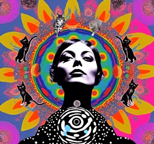 Prompt: <mymodel>Psychedelic collage of a woman, spliced and edited with psychedelic planets, cats, and UFOs, a psychedelic open third eye, incorporating paint, enamel, and found objects, black and white optical illusions, high quality, surreal, vibrant colors, trippy, psychedelic, detailed collage, cosmic theme, colorful lighting surreal collage