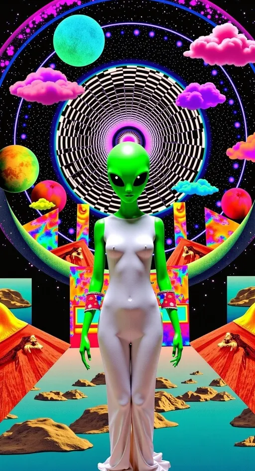 Prompt: **Quantum Dreamscape - AI Art Prompt**

Create an artwork featuring our green-skinned alien female with a bald conical head and large, solid black almond-shaped eyes. This time, she's in a bizarre and surreal quantum dreamscape, a realm where reality bends and glitches abound.

The environment is a swirling vortex of vibrant colors and abstract forms, where gravity seems optional and the laws of physics are in flux. Floating islands of fragmented landscapes drift through the scene, each with its own unique textures and patterns.

Our alien girl is suspended in mid-air, seemingly unaffected by the chaotic surroundings. Her pose is relaxed and contemplative, as if she's navigating this dreamscape with ease. She's dressed in a flowing, ethereal outfit that shifts colors and patterns with the environment, blending seamlessly with the surreal backdrop.

The scene is filled with digital glitches and distortions, creating a sense of disorientation and wonder. Pixelated fragments, flickering lights, and cascading data streams weave through the composition, enhancing the otherworldly atmosphere.

Incorporate elements like floating geometric shapes, fractal patterns, and cosmic symbols to add layers of complexity and intrigue. The negative space should be busy and immersive, drawing viewers into this glitchy, dreamlike world.

Balance hyperrealistic textures with an illustrative, artistic style, capturing the surreal and enigmatic essence of this quantum dreamscape. Let the fine details and vibrant colors transport viewers into a realm where anything is possible. 🌌🔮✨

Let this prompt inspire a piece that's as weird and surreal as it is visually captivating!