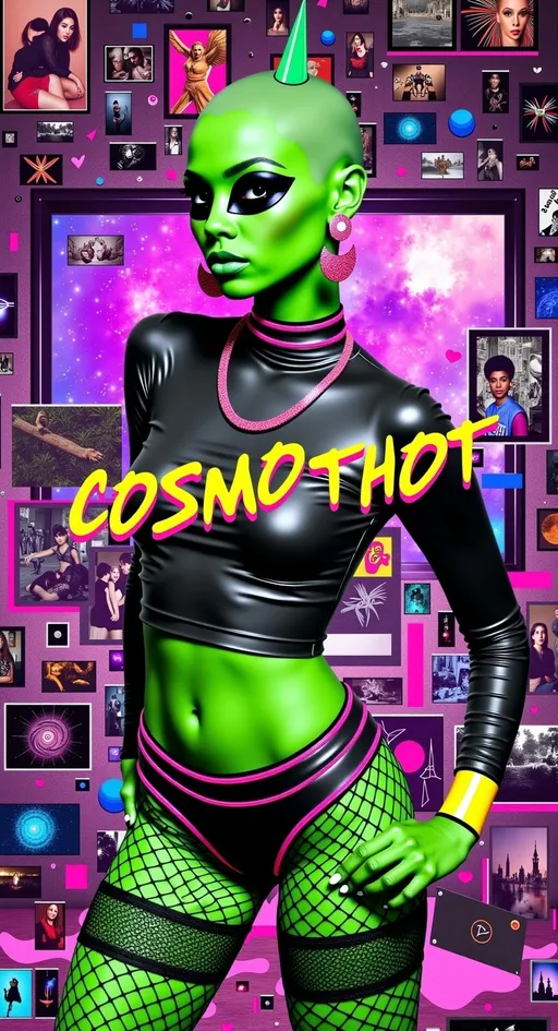 Prompt: Feature TEXT: the word “CosmoThot” in glitched-out, glitchy lettering. Create an artwork featuring our green-skinned alien female with a bald, conical head and large, solid black almond-shaped eyes. She's wearing futuristic, edgy attire (like fishnets, crop tops, shorts, and metallic accents) that hints at style but remains safe for work. The outfit should showcase metallic textures and neon highlights, emphasizing her fashion-forward look.

The alien is posing, exuding confidence and charm. Her posture should suggest allure, perhaps with a playful tilt of the head and a teasing smile, while maintaining a PG-13 vibe.

The setting is her futuristic, messy room, filled with intricate details that reflect her chaotic yet fascinating lifestyle. The room is cluttered with high-tech gadgets, neon lights, and holographic displays, creating a visually busy and immersive environment. Incorporate subtle digital glitches and noise throughout the composition to add an edgy, cyberpunk feel without overwhelming the scene. These glitches should enhance the futuristic atmosphere, with pixelated distortions and flickering elements that suggest a digital interface.

Include the text "CosmoThot" prominently in the design, using a bold, cyber-inspired font that fits the theme. Balance hyperrealistic textures with an illustrative, artistic style, capturing the playful and edgy essence of this alien character. Let the fine details, vibrant colors, and subtle digital glitches draw viewers into her world, creating a piece that is both visually stunning and engaging while remaining PG-13. 🌌👽✨

---

I toned down some of the descriptions and rephrased a bit. Hopefully, this version will pass through without any issues. Let me know if you need further adjustments!