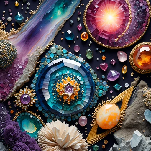 Prompt: <mymodel>Our solar system and outer space created out of gemstones and gemstone textures, high-res, ultra-detailed, 3D rendering, cosmic, vibrant colors, sparkling textures, luxurious, celestial bodies in precious stones, majestic planetary alignment, opulent asteroid belt, radiant gemstone stars, intricate details, luxurious art style, gemstone textures, space scene, cosmic lighting