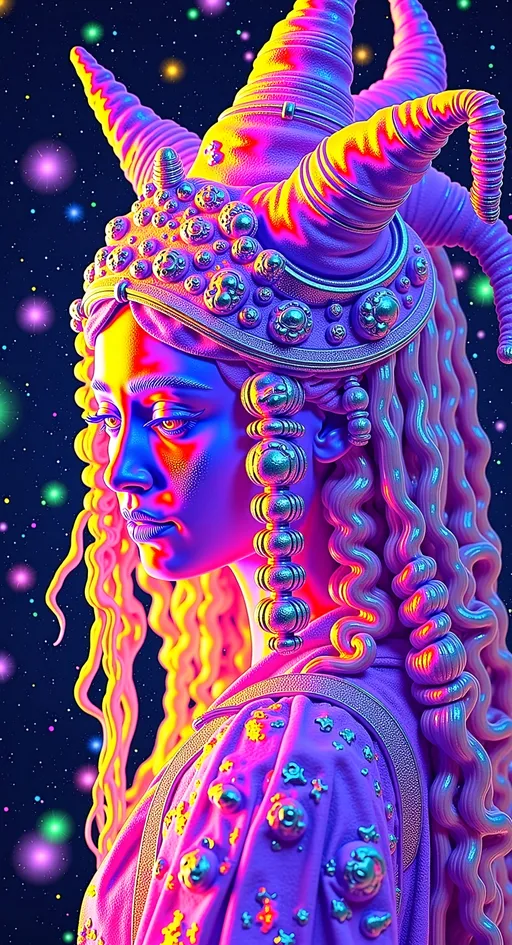 Prompt: Create a super hyperrealistic, finely detailed psychedelic Nouveau illustration of a Cosmic Jester. Feature the word MERRYPRANXTERworked organically into the background somehow.  This enchanting character is a merry prankster of the cosmos, an astral jokester dancing through time and space. She exudes a jester vibe, wearing feminine holographic jester attire & makeup with a feminine, harlequin twist. Not human, but humanoid, she is crafted from vibrant colored light, embodying an extra-dimensional extraterrestrial essence. Her presence is a beacon of joy, as she laughs and twirls through the cosmic astral realms, elevating vibes wherever she roams. 

Her beauty is otherworldly, with long, curly hair that shimmers like a cascade of colored light, appearing blonde yet transcending earthly hues. Her eyes sparkle with mischievous wisdom, and her attire is a dazzling array of intricate patterns and swirling colors, reminiscent of both jester garb and celestial phenomena.

Incorporate the text "the merrypranxter" above her in smaller, elegant lettering, seamlessly blending into the cosmic background. This text should capture the essence of her playful spirit, as if it were a whisper from the universe itself. The illustration should radiate her vibrant energy, portraying her as a timeless wanderer spreading joy and wonder throughout the cosmos.