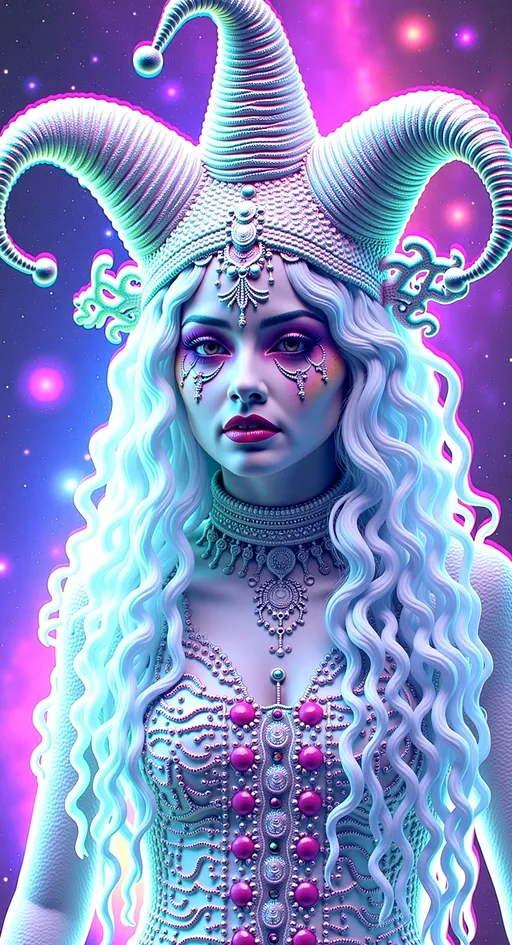 Prompt: Create a super hyperrealistic, finely detailed psychedelic Nouveau illustration of a Cosmic Jester. Feature the word MERRYPRANXTERworked organically into the background somehow.  This enchanting character is a merry prankster of the cosmos, an astral jokester dancing through time and space. She exudes a jester vibe, wearing feminine holographic jester attire & makeup with a feminine, harlequin twist. Not human, but humanoid, she is crafted from vibrant colored light, embodying an extra-dimensional extraterrestrial essence. Her presence is a beacon of joy, as she laughs and twirls through the cosmic astral realms, elevating vibes wherever she roams. 

Her beauty is otherworldly, with long, curly hair that shimmers like a cascade of colored light, appearing blonde yet transcending earthly hues. Her eyes sparkle with mischievous wisdom, and her attire is a dazzling array of intricate patterns and swirling colors, reminiscent of both jester garb and celestial phenomena.

Incorporate the text "the merrypranxter" above her in smaller, elegant lettering, seamlessly blending into the cosmic background. This text should capture the essence of her playful spirit, as if it were a whisper from the universe itself. The illustration should radiate her vibrant energy, portraying her as a timeless wanderer spreading joy and wonder throughout the cosmos.