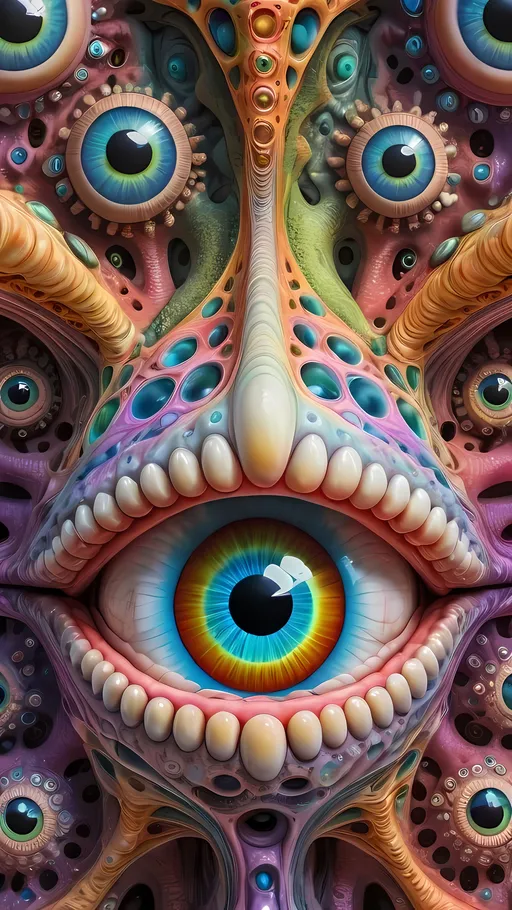 Prompt: an extremely hyper realistic ultra super textural weird trippy surreal psychedelic entity, Lyapunov Fractals, apollonian gaskets, catenoids, white, translucent, clear, bright bright pastel colors, oil slick rainbow sheen effect, lots and lots of light, lots of crazy colorful compound psychedelic human eyes, rows of human teeth, fungus, atoms, diatoms, enneper sufaces, apollonian gaskets, Lyapunov Fractals 