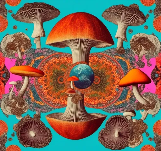 Prompt: <mymodel>Retro psychedelic collage of vibrant, 70s-inspired fungus, mushrooms, vibrant colors and patterns, surreal collage cut and paste composition, landscapes, trippy patterns, optical illusions, planets vintage analog texture, high quality, retro, psychedelic, vibrant colors, surreal, vintage, analog texture, detailed patterns, artistic