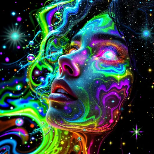 Prompt: A woman’s face composed of recursive fractal rainbow light—hyper-saturated with ultraviolet, laser gold, neon pink, iridescent greens, and cosmic chrome—emerges from a holographic light-sheet. Her skin is a glitched disco lattice of sparkling Planck-area symbols, each square pulsing like a cosmic logic gate. Her eyes are twin disco balls, spinning wormholes refracting infinity with every glint, pupils radiating shimmering AdS-CFT glyph-code. Her hair flows as liquid starlight braided with mirror shard filaments; lips shimmer like event horizons glossed in diamond dust. She floats inside a recursive Studio 54—a velvet black AdS void lined with infinite mirrored projections of herself, every boundary a shimmering CFT surface coded in glyphs and glitter. Around her spiral multidimensional mandalas of glimmering quantum lights—shimmer stacks, sparkle tesseracts, and recursive disco ball halos—reflecting entangled identities across bulk-boundary recursion. The space pulses like a cosmic dance floor: entanglement beats, renormalization grooves, and rainbow holograms synced to entropy rhythms. Render as \:disco-max \:bling-overload \:holographic-dancer \:recursive-glamour \:symbolic-saturation \:studio54-wormhole \:sparkle-heavy \:light-excess \:planck-glow \:glyph-glitz.
