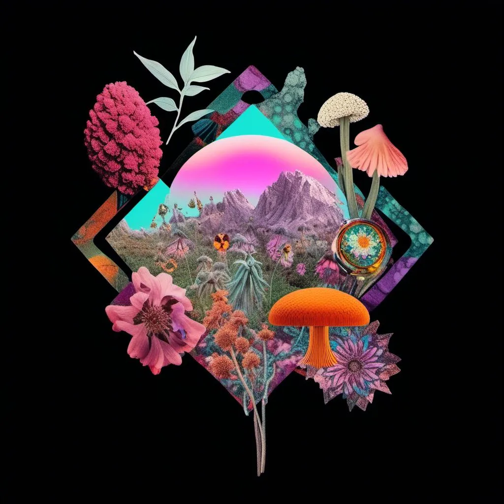 Prompt: A psychedelic collage evoking a vintage 70s sci fi feel but I stead of the sci-fi theme let’s do wildflowers. Photos and art of wildflowers spliced with things like psychedelic patterns/optical illusions, landscapes, geometry, mushrooms/fungus, insects, crystals, gemstones, the sun & moon, etc. Employ a pretty floral color pallet but keep that surreal feel in this natural organic psychedelic collage<mymodel> 