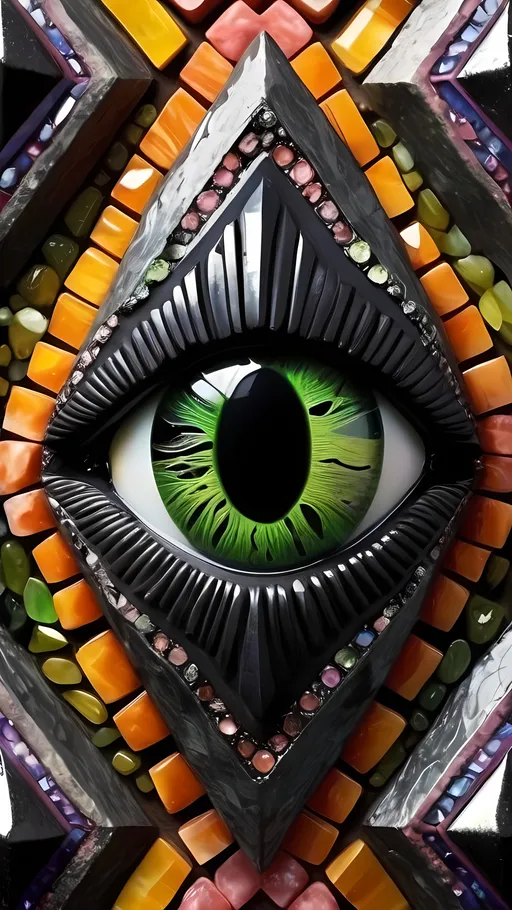 Prompt: Create an extremely hyper-realistic, ultra super textural, weird, trippy, surreal, psychedelic eyes/teeth/mouth pattern/design based on the “Merkaba” & “op art tiling” with lots of human eyes (crazy colorful compound psychedelic), rows of human teeth, human lips, and tongues. 

- **Colors**: determined by the natural properties and expressions of the elements (& their isotopes), raw rough minerals, and metals:
- Molybdenum (Mo)
- brass
- Rhodonite
-sulfur
- Wulfenite
-“Cobaltoan Calcite“
- Tsavorite
- peridot
- “Black Kyanite“
- Hematite

**Shapes and forms**
- main form: “ Merkaba(s)”
-other shapes determined by the natural properties and expressions of the elements (& their isotopes), raw rough minerals, metals, and biological organisms: 
- “Hyperbolic Plane”
- Molybdenum (Mo)
- brass
- Rhodonite
-sulfur
- Wulfenite
-“Cobaltoan Calcite“
- Tsavorite
- peridot
- “Black Kyanite“
- Hematite

- **Textures**: Derived from any/all elements (& their isotopes), minerals, metals, crystals, organic things mentioned in this prompt: 
- “Merkaba(s)”
- Molybdenum (Mo)
- brass
- Rhodonite
-sulfur
- Wulfenite
-“Cobaltoan Calcite“
- Tsavorite
- peridot
- “Black Kyanite“
- Hematite

**Composition and Layout**:
- a pattern/design based on “Merkaba(s)”
- 3 dimensional


**Lighting**
- lots and lots of bright shining reflective light
- iridescence


**Detail and Atmosphere**:
- Extreme hyperrealistic sharp high detail high definition organic and mineral textures
- Psychedelic, weird, odd, surreal atmosphere
- Frozen in time

**Additional Elements**:
- extra rows of teeth, lips, many eyes, “Merkaba(s)”, Aventurescence, Chatoyancy
