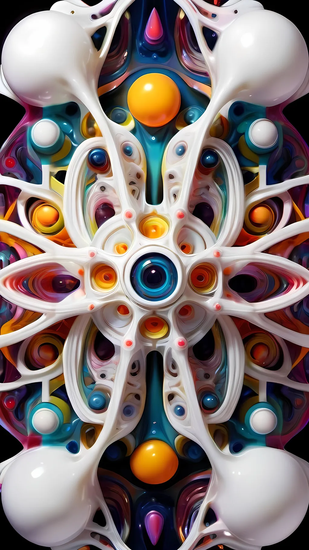 Prompt: a translucent white many sided multidimensional extra dimensional geometric shape churning through many extra dimensions etherically, covered in eyes, biological and mechanical simultaneously with random pops of brilliant vibid psychedelic color 