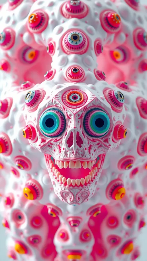 Prompt: an extremely hyper realistic ultra super textural weird trippy surreal psychedelic entity, gyroid structures, Pascal's Triangle, white, translucent, clear, bright bright pastel colors, oil slick rainbow sheen effect, lots and lots of light, lots of crazy colorful compound psychedelic human eyes, rows of human teeth, fungus, atoms, diatoms, gyroid structures, Pascal's Triangle