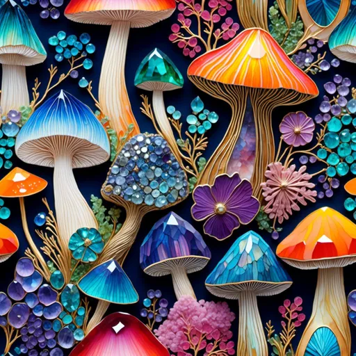 Prompt: <mymodel>Inlaid gemstone mushrooms and fungus, vibrant and iridescent, high quality, detailed carving, fantasy, magical, ethereal lighting, colorful fantasy, gemstone inlay, iridescent mushrooms, intricate carving, vibrant colors, high-quality, fantasy art, detailed, magical lighting
