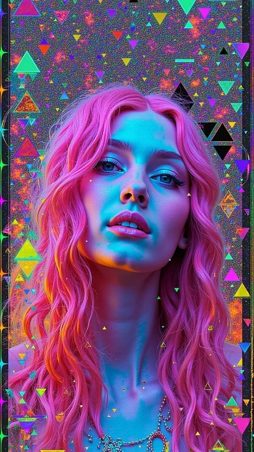 Prompt: In a vibrant cosmic scene, Merry—a caucasian slim woman with long wild pink very curly hair and blue eyes—stands amidst a dazzling array of triangles and mathematical wonders. Her hair flows like a nebula, merging with a spectrum of geometric forms in amethyst and citrine hues.

Sierpinski's triangle takes center stage, its intricate fractal pattern of indigo and orange triangles creating a mesmerizing tapestry around Merry. Above, Penrose tiling unfolds in turquoise and magenta, its non-repeating design symbolizing infinite mathematical possibilities. A Möbius strip spirals around Merry, its surface a seamless loop of iridescent light.

The color palette is a vivid explosion of neon greens, radiant yellows, and rich magentas, evoking a psychedelic dreamscape. The mood is one of infinite curiosity, as Merry embodies the harmony between chaos and order in this mathematical universe.

Rendered with meticulous detail, the scene blends crisp outlines with seamless colors, inviting viewers to explore this surreal wonderland.

Style: Psychedelic geometric art with surreal elements, inspired by fractal geometry and Penrose tiling. Medium: Digital collage.

Character count: 1,052