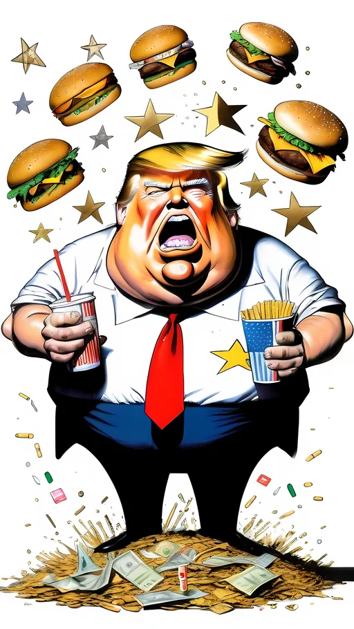 Prompt: a grotesque Ralph steadman political illustration of a fat gross disgusting vile  Donald Trump, extremely busy composition, (USA, America, Stars and Stripes, poop, tacky gold accents, hamburgers, French fries, adderall pills, Diet Coke, sharpie, bleach, money, greed, anger, rage, hate)