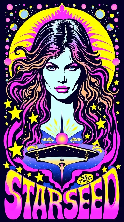 Prompt: Text - STARSEED - in a cursive hand drawn decorative art nouveau organic script style- Design 3 color a pop art nouveau t-shirt featuring a Lisa Frank-inspired 80s glam futuristic alien woman, limited to four vibrant colors. The central figure should be an alien woman with a classic 'gray' alien appearance—big pointed head and large almond-shaped solid colored dark shining eyes—styled with glamorous 80s fashion elements. Use bright, bold colors typical of Lisa Frank, incorporating metallic and neon hues to emphasize the futuristic theme. Surround her with whimsical elements like stars, planets, galaxies, and UFOs, all infused with a pop art nouveau flair. Add details such as sparkling jewelry, bold makeup, and flowing hair, reminiscent of 80s glam. The design should be eye-catching and energetic, blending the playful essence of Lisa Frank with the elegance of art nouveau, perfect for a standout t-shirt.