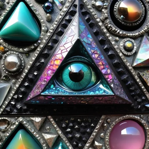 Prompt: an extremely hyper realistic ultra super textural weird trippy surreal psychedelic entity, Sierpinski tetrahedron, translucent, charcoal matte black, blown glass, pearlescent finish, inlaid opal, glittering crystal accents, silver, pyrite, quartz,, chrome, bright vivid teals, blues, pinks/yellows/greens,purples,  lots and lots of light, lots of crazy colorful compound psychedelic human eyes, rows of human teeth, human lips, tongues, fungus,  atoms, diatoms, diatomic, algae, bryozoans, Sierpinski tetrahedron, extreme high definition organic and mineral textures