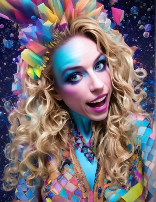 Prompt: a psychedelic hallucination of a female with long blond curly hair modeling avant Garde fashions accessories and makeup created directly out of multidimensional geometry fractals, hypercubes, non Euclidean geometry, psychedelic fashion halucinations 