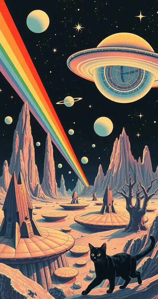 Prompt: <mymodel> Vintage 70s psychedelic surreal sci-fi Collage, analog, cut & paste, outer space, rainbows, spectrum, optical illusions/trippy patterns, surreal alien landscapes, UFOs, « little green men », psilocybin mushrooms, geometric shapes , planets, orbs, black night sky with stars, in the center, cats, 