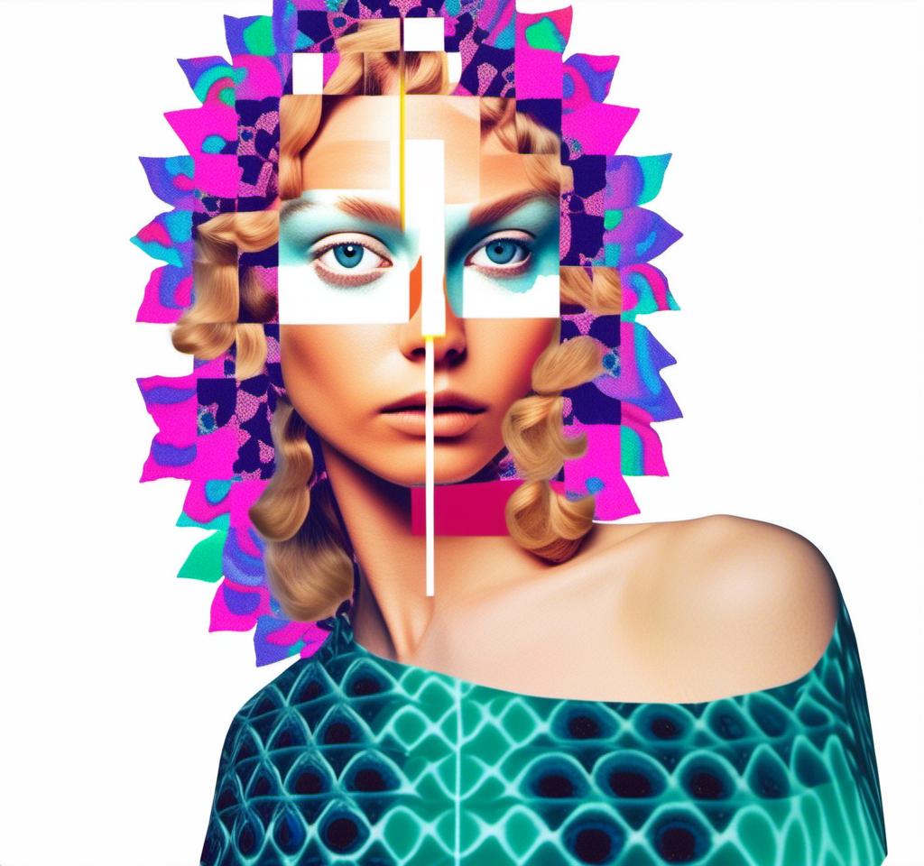 Prompt: A psychedelic collage featuring a photograph of a woman with blond curly long hair. The photo is cut and spliced with other photos - of cats, eyes, body parts, roads, landscapes, trippy optical illusion patterns, pickles, hamburgers, realistic  desert, alien  landscapes, geometric shapes etc in such a way that she has a psychedelic open third eye, in a psychedelic cut and paste collage <mymodel>